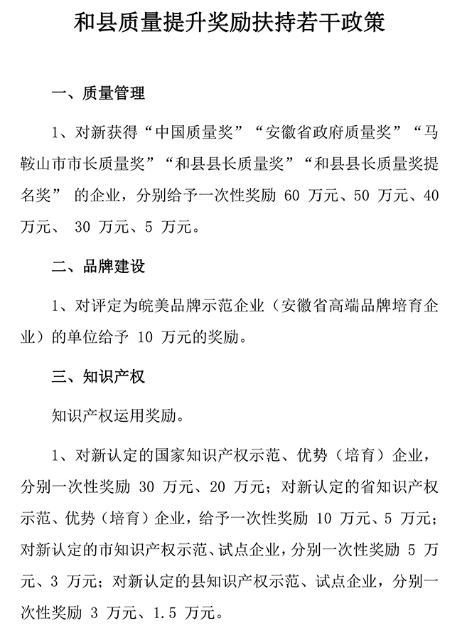 安徽省馬鞍山市和縣質量提升（知識產(chǎn)權）獎勵扶持若干政策